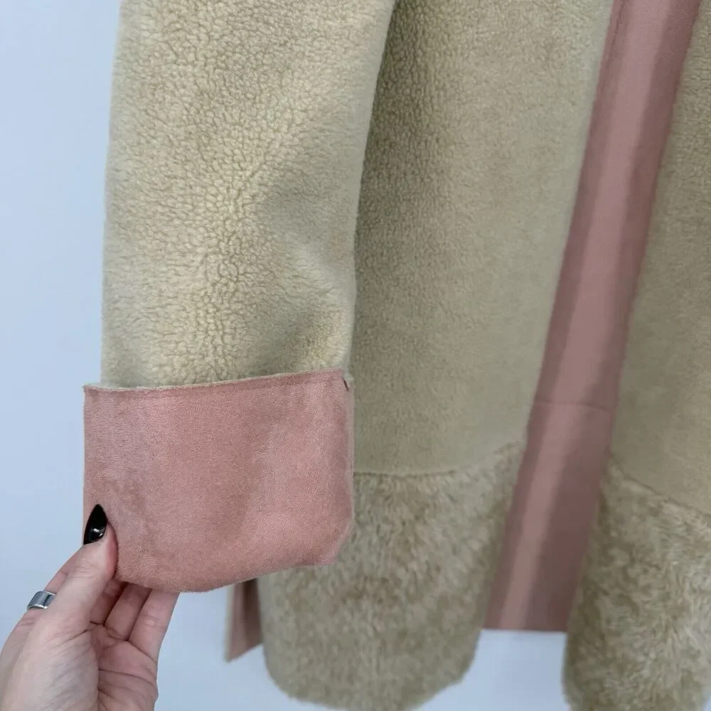 Zara Tan Faux Suede Teddy Sherpa Jacket Coat Oversized Size Large Pink - Picture 3 of 11